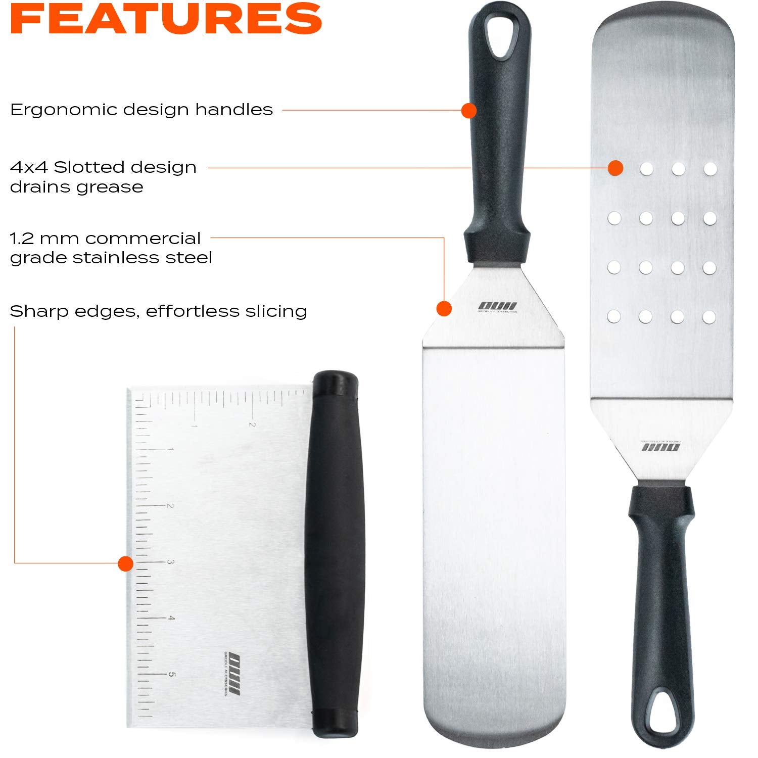 OUII beveled turner 11.7 inch for even turns on a crowded griddle