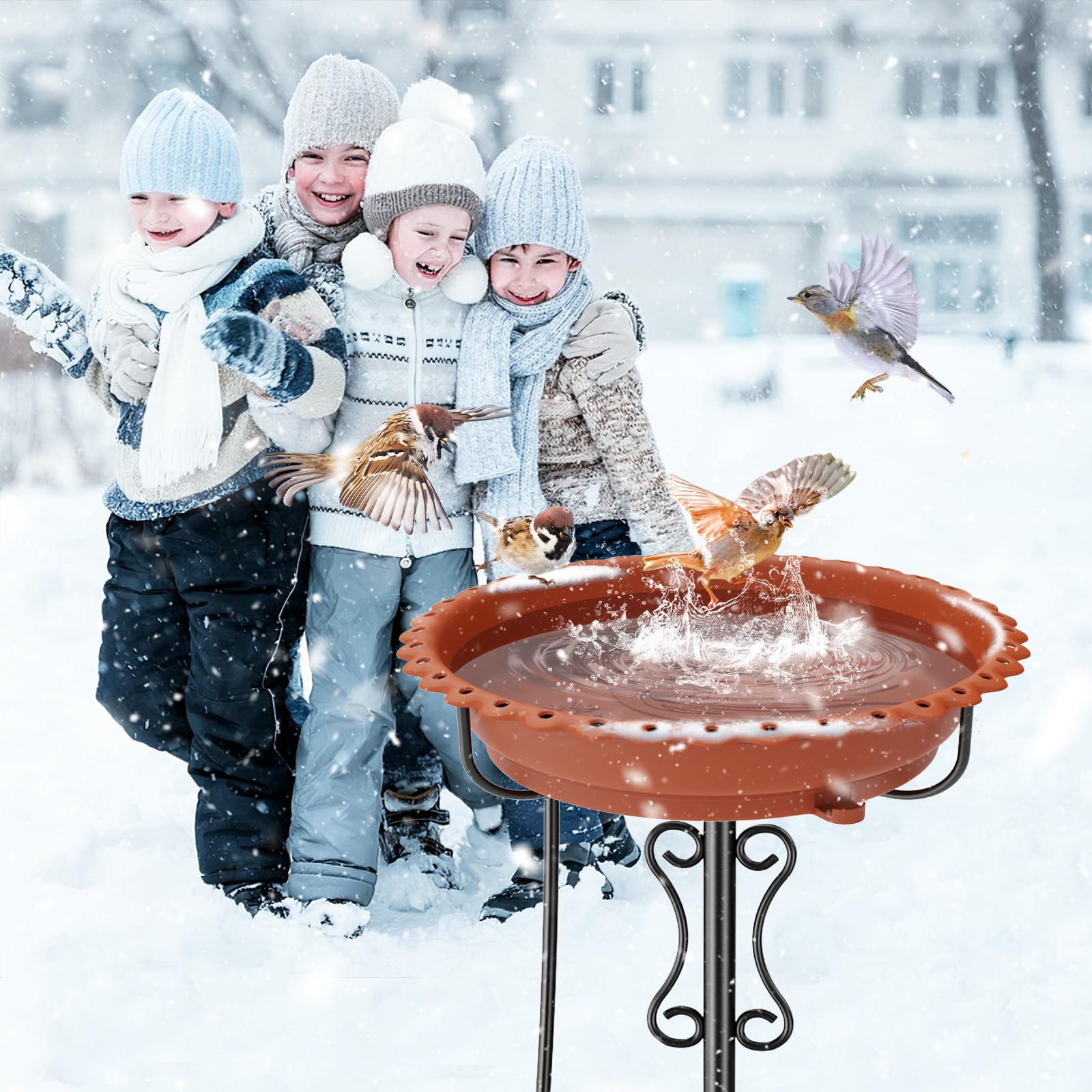 Ouinis heated bird bath boosts year-round backyard birdwatching.