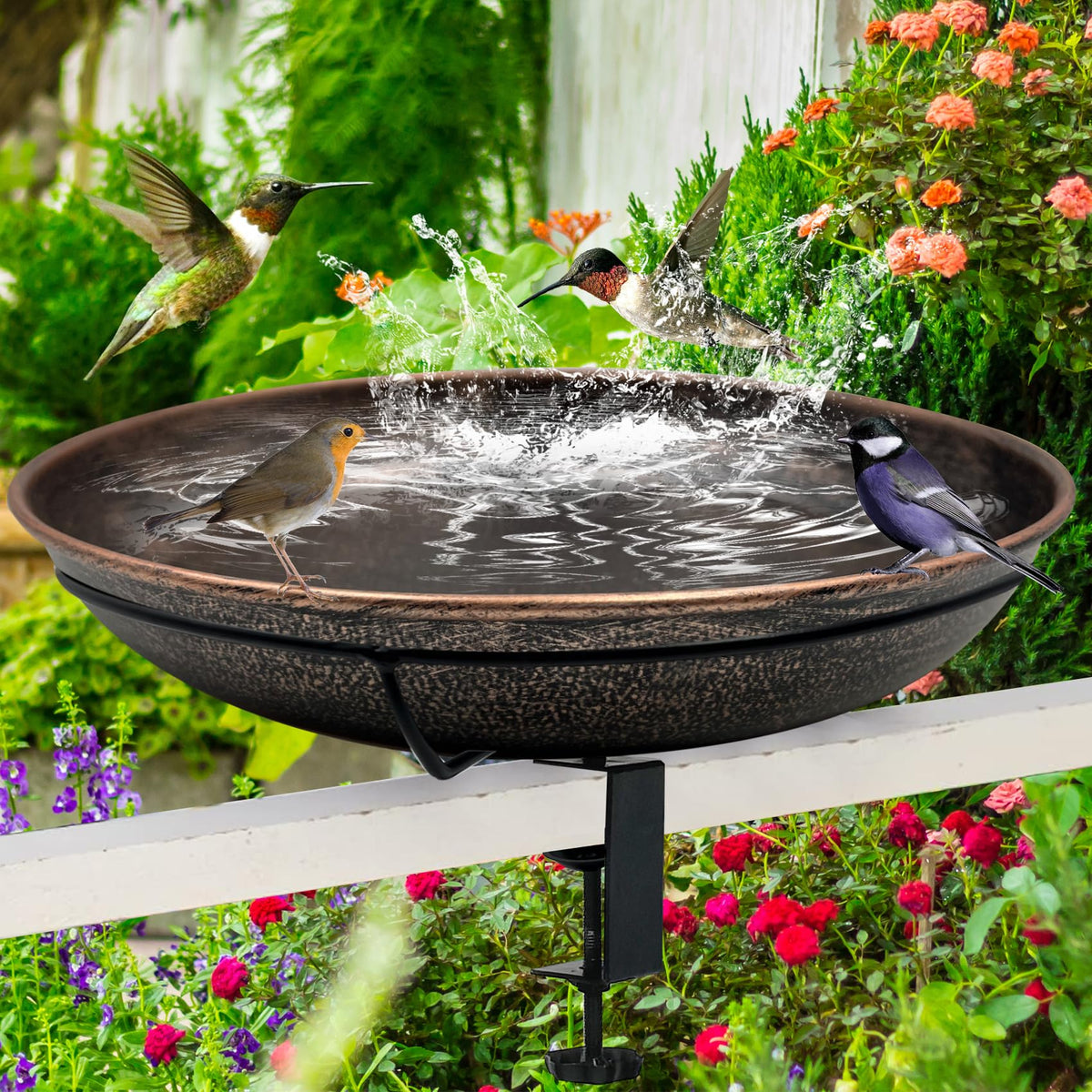 OUISJYER deck-mounted bird bath on a railing with a sturdy adjustable clamp.