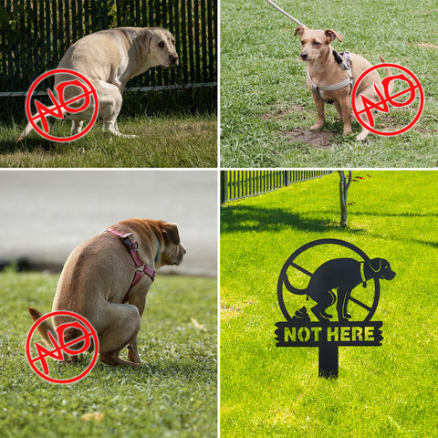 Sign displayed in a garden setting to deter unwanted pet waste.