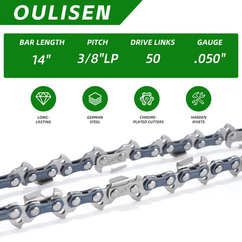 Oulisen hard chrome plated chain for extended wear and sharp cuts.