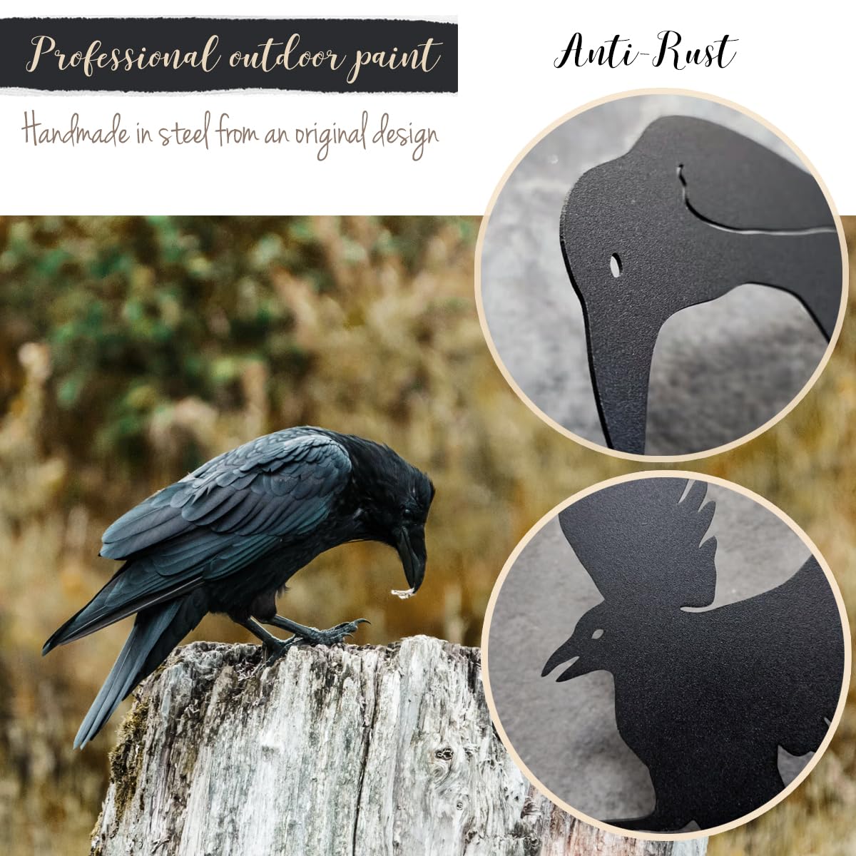 OULYDEKO Raven Decor weatherproof steel crow for durable outdoor display.