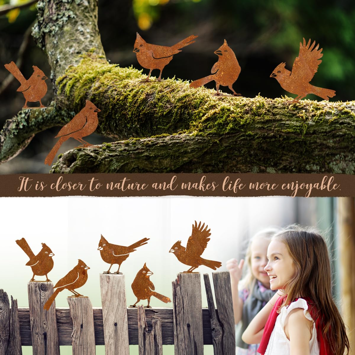 OULYDEKO rusty bird on stake brightens fences and borders.
