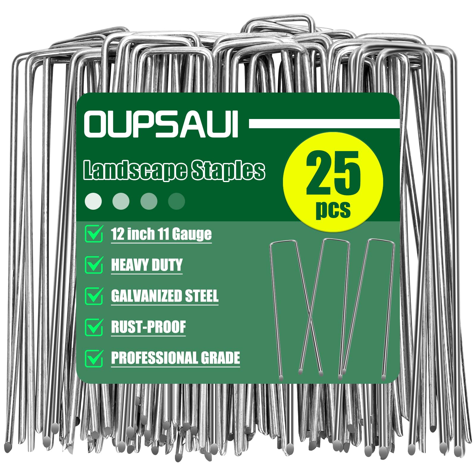 OUPSAUI 12-inch galvanized landscape stakes for durable soil anchoring and easy installation.