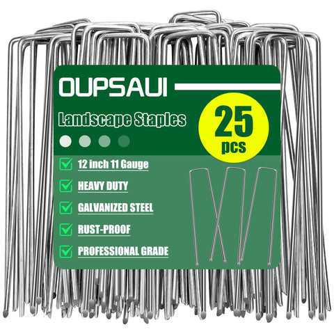 OUPSAUI 12-inch galvanized landscape stakes for durable soil anchoring and easy installation.