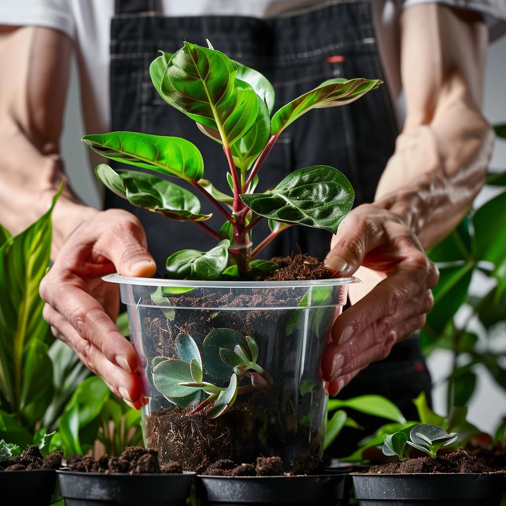 OUPSAUI transparent pot in-use with a young seedling for root observation.