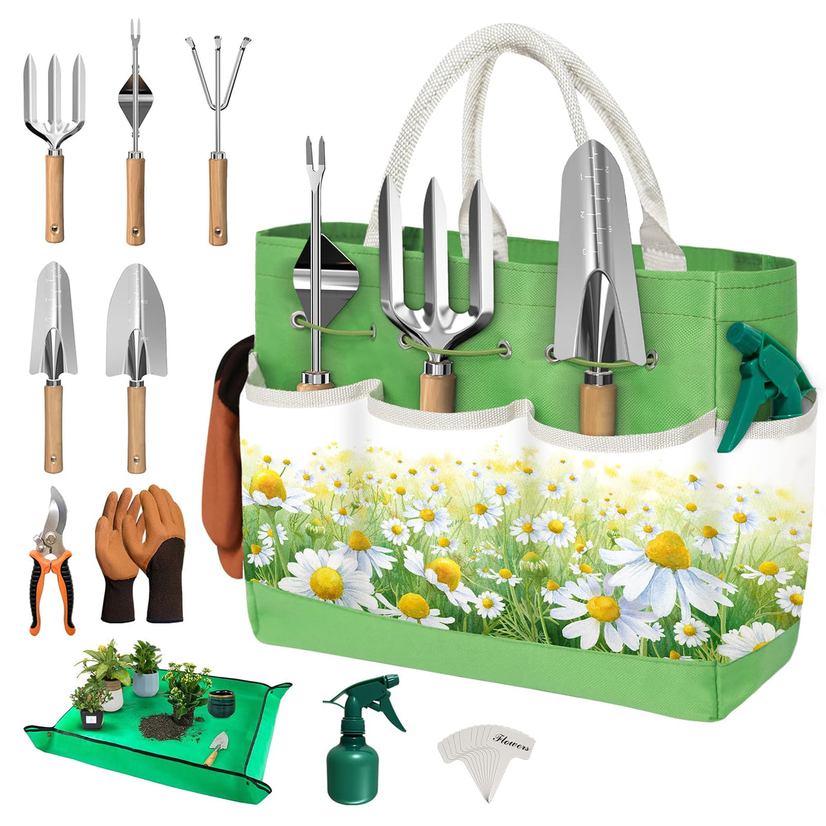 OUREST green tote bag keeps garden tools organized for easy transport.