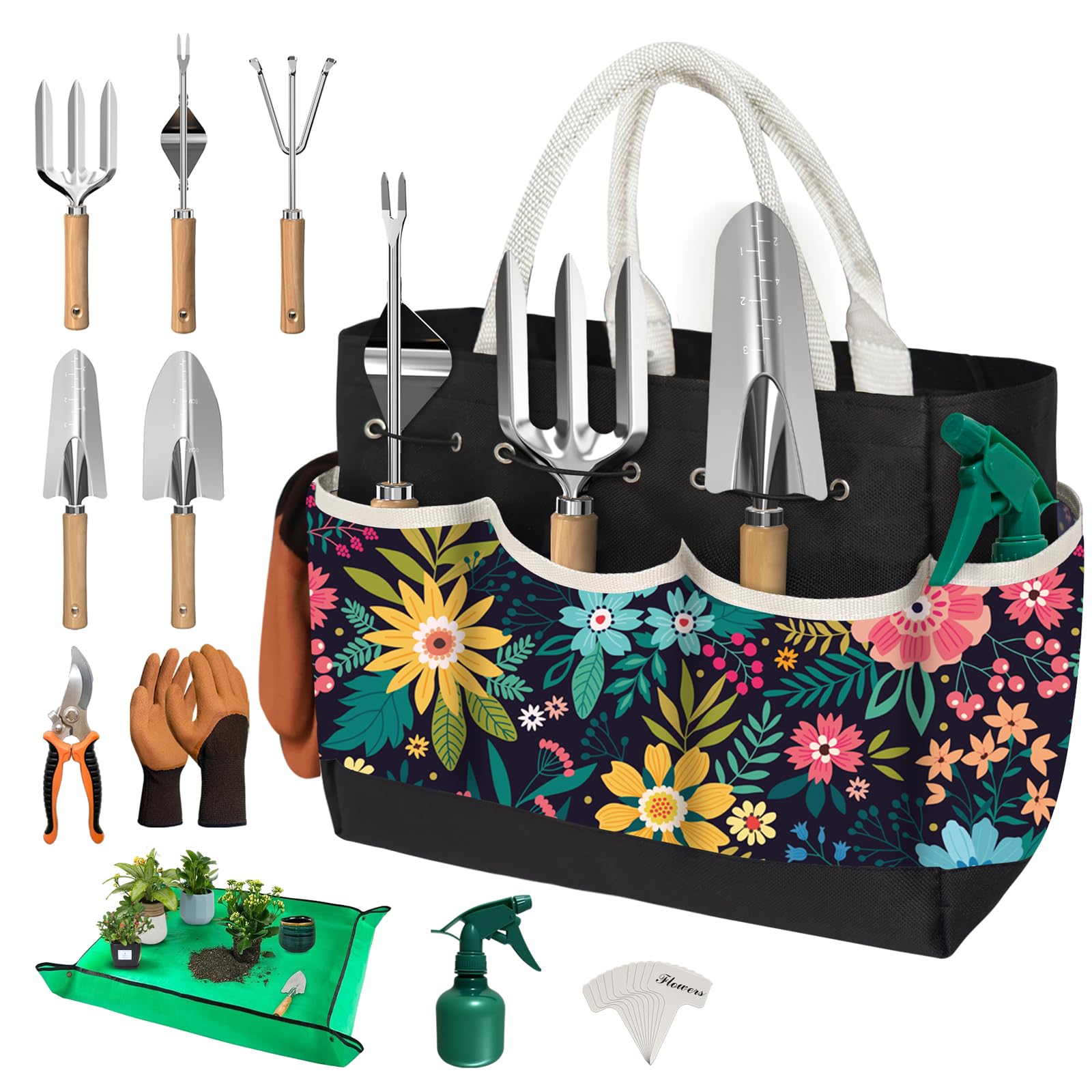 OUREST gardening tools set with tote bag keeps essentials organized for beginners.