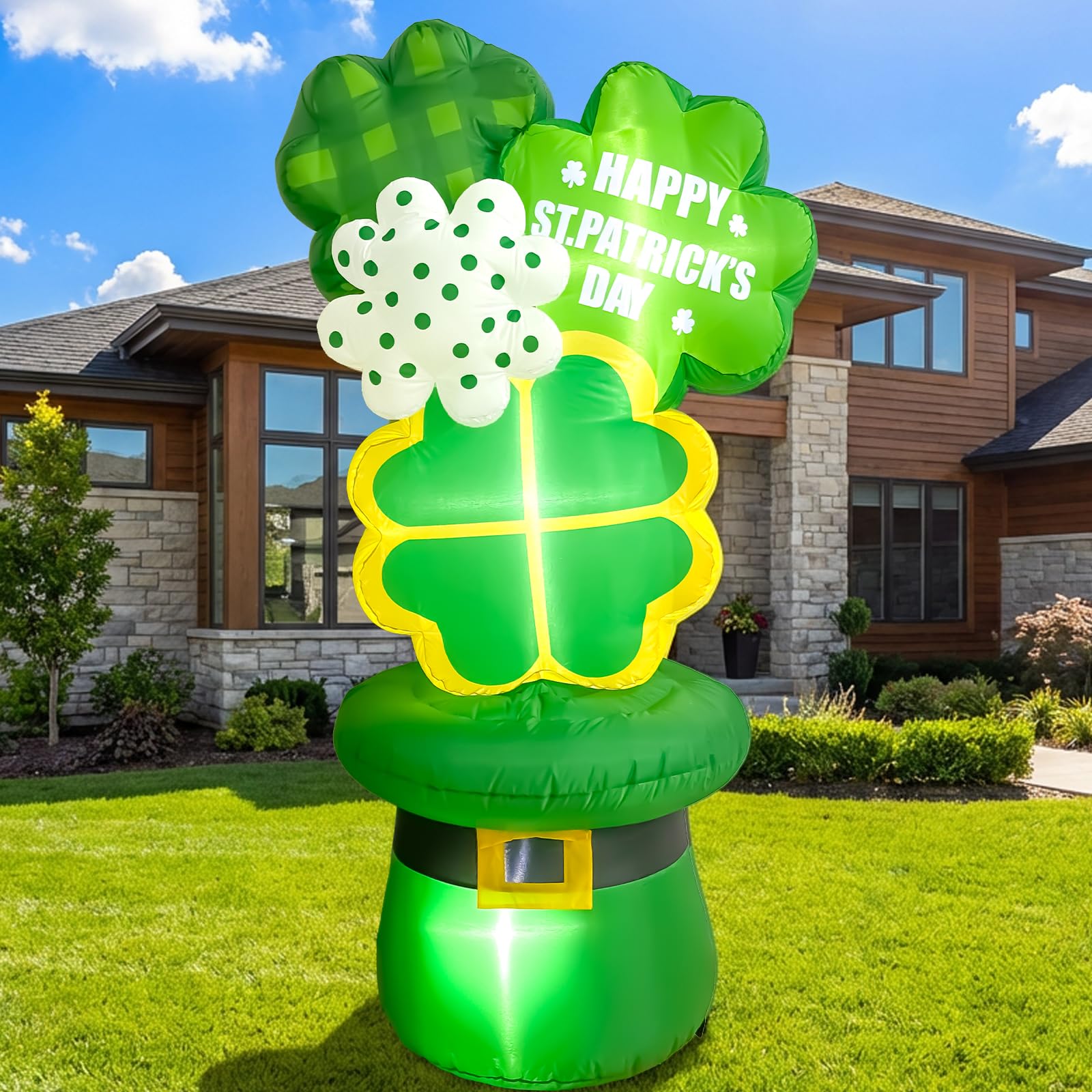 OurWarm 6ft inflatable shamrocks with leprechaun hat illuminate outdoor decor at night