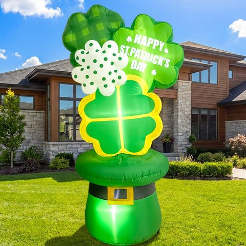 OurWarm 6ft inflatable shamrocks with leprechaun hat illuminate outdoor decor at night