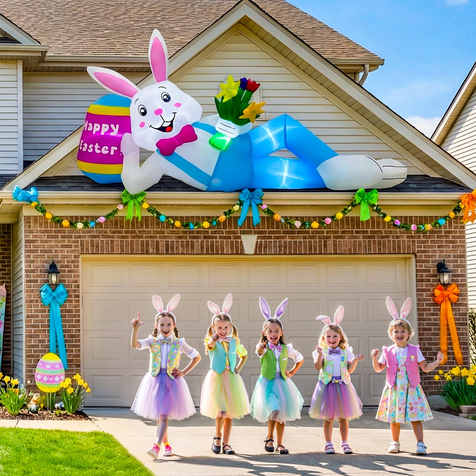 OurWarm 8ft Easter bunny LED night glow illuminates outdoor scenes.