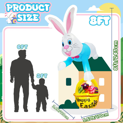 OurWarm 8ft bunny in blue clothes lights up at night for eye-catching display.