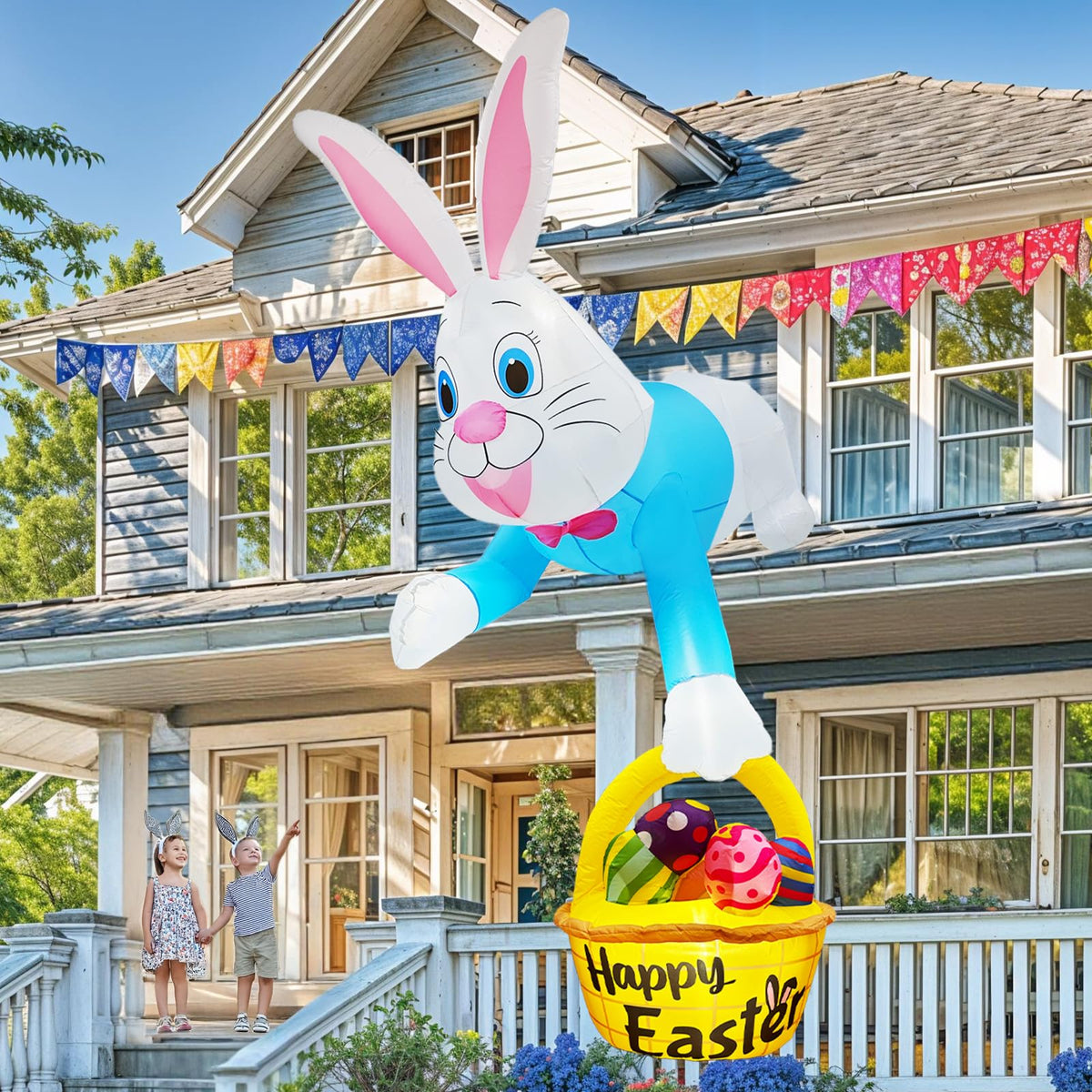 OurWarm 8ft Easter bunny with eggs and basket enhances curb appeal for outdoor celebrations.