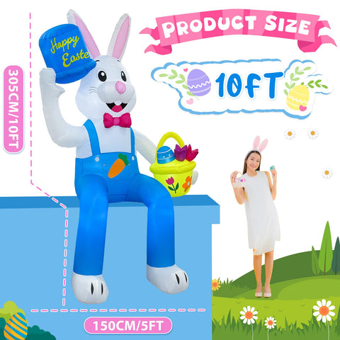 OurWarm inflatable bunny with built in LED lights lighting up the yard at night
