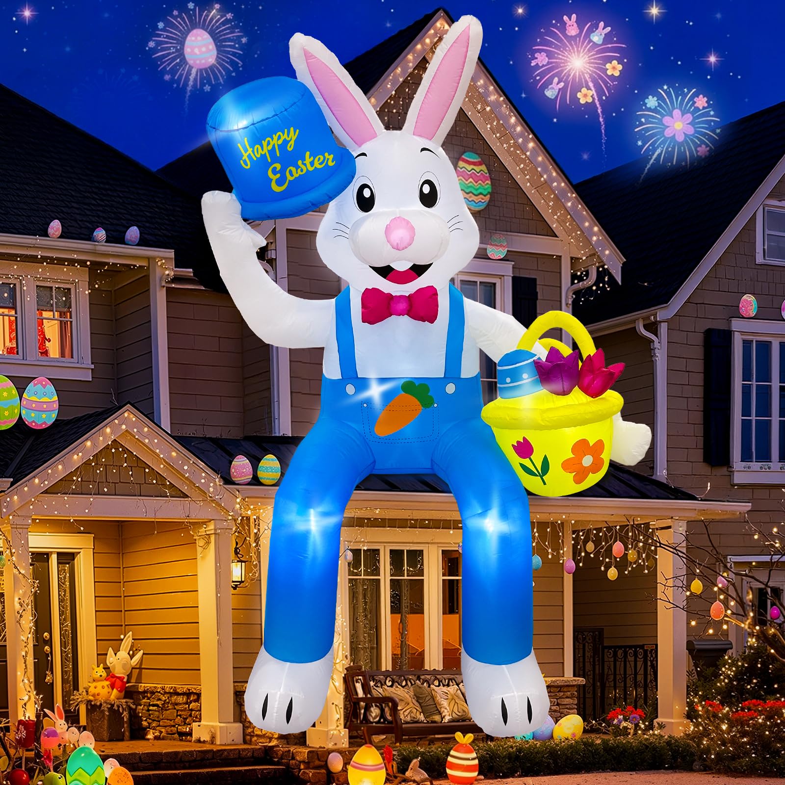 OurWarm Easter inflatable bunny wearing a blue outfit enhances porch appeal for celebrations