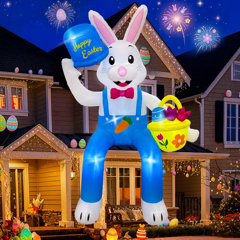 OurWarm Easter inflatable bunny wearing a blue outfit enhances porch appeal for celebrations