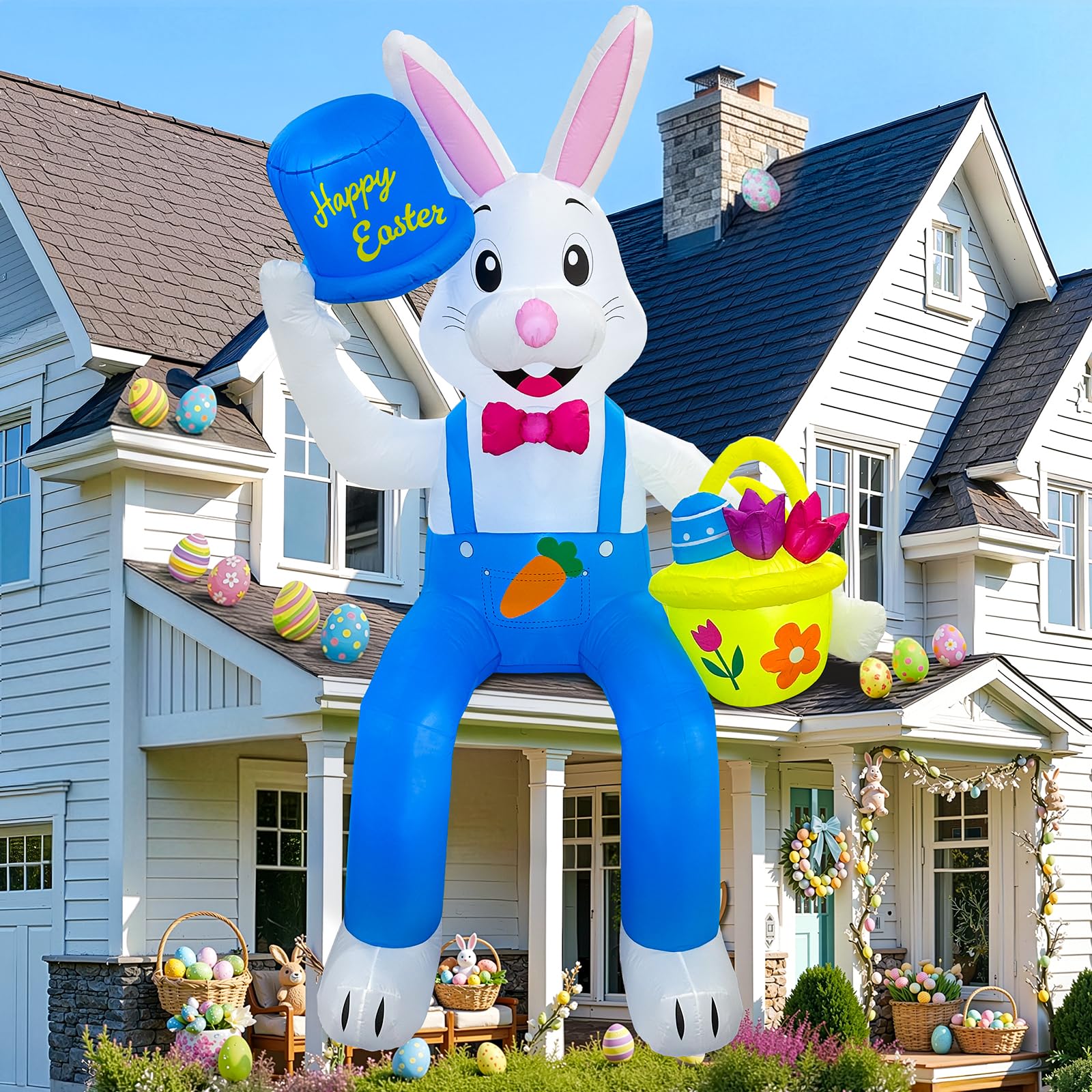 OurWarm Easter inflatable bunny sitting with a colorful egg basket for outdoor lawn decor