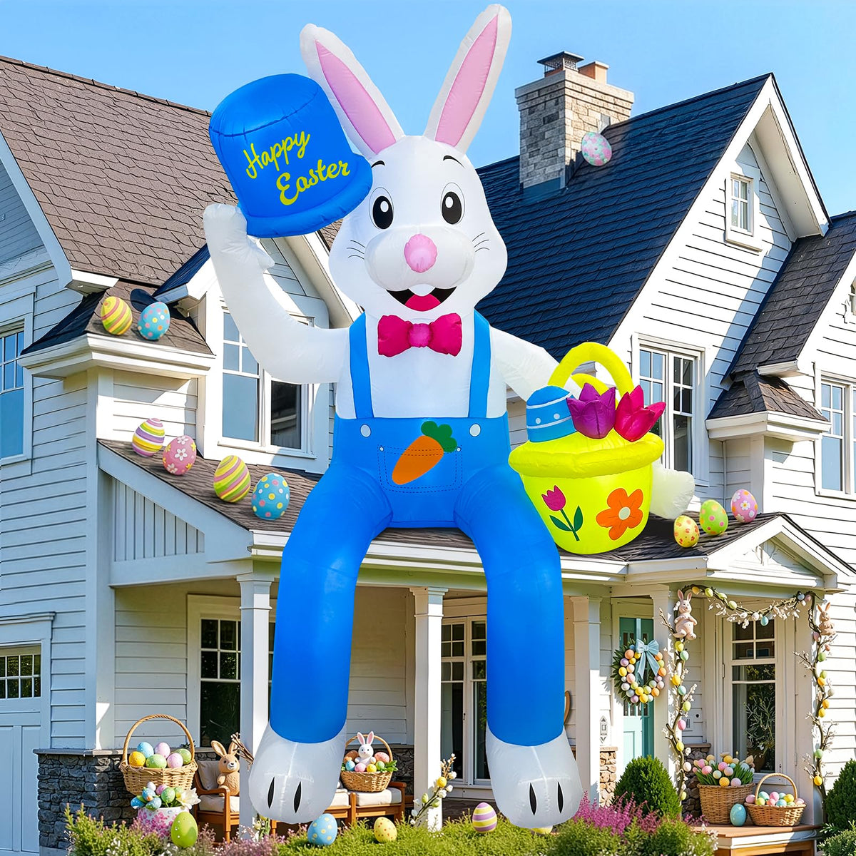 OurWarm Easter inflatable bunny sitting with a colorful egg basket for outdoor lawn decor