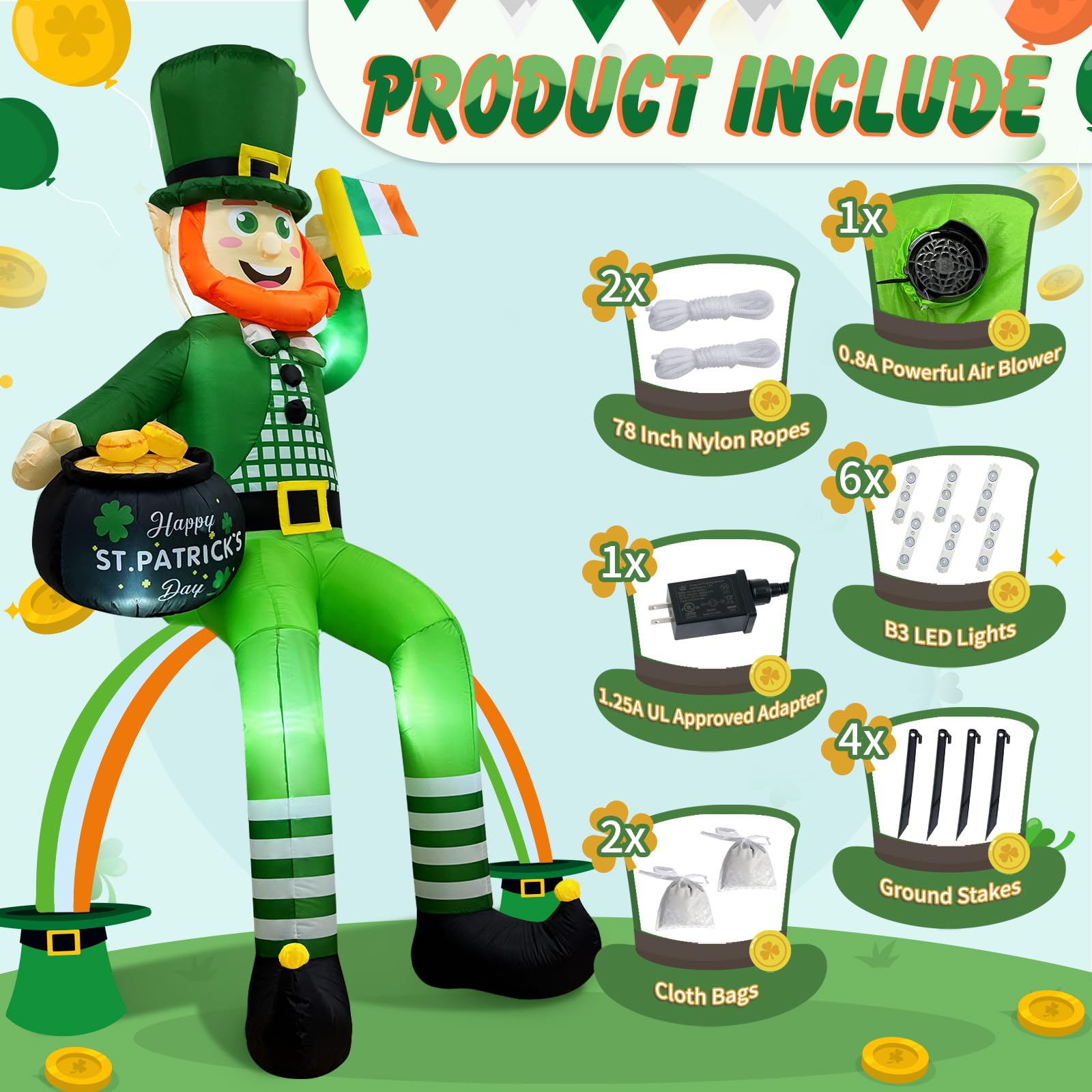 OurWarm leprechaun inflatable holding Irish flag for celebrations