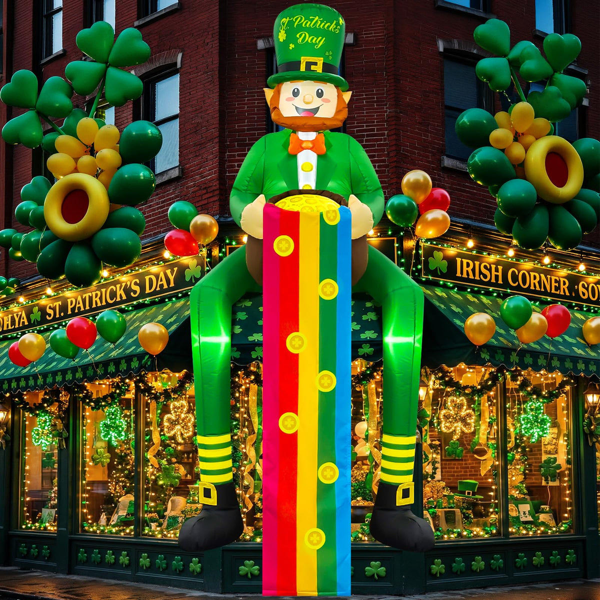 OurWarm leprechaun with rainbow 8ft inflatable for roof display and yard decor