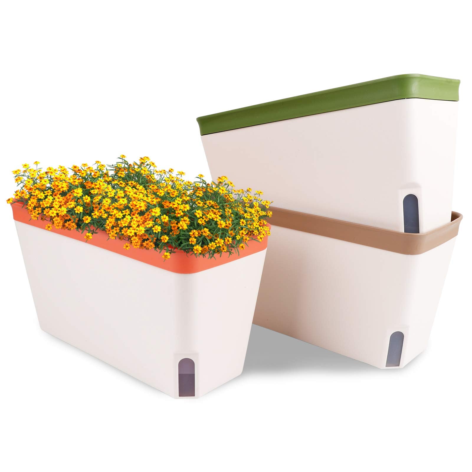 OurWarm three-pack self-watering planter with water level indicator for easy hydration monitoring.