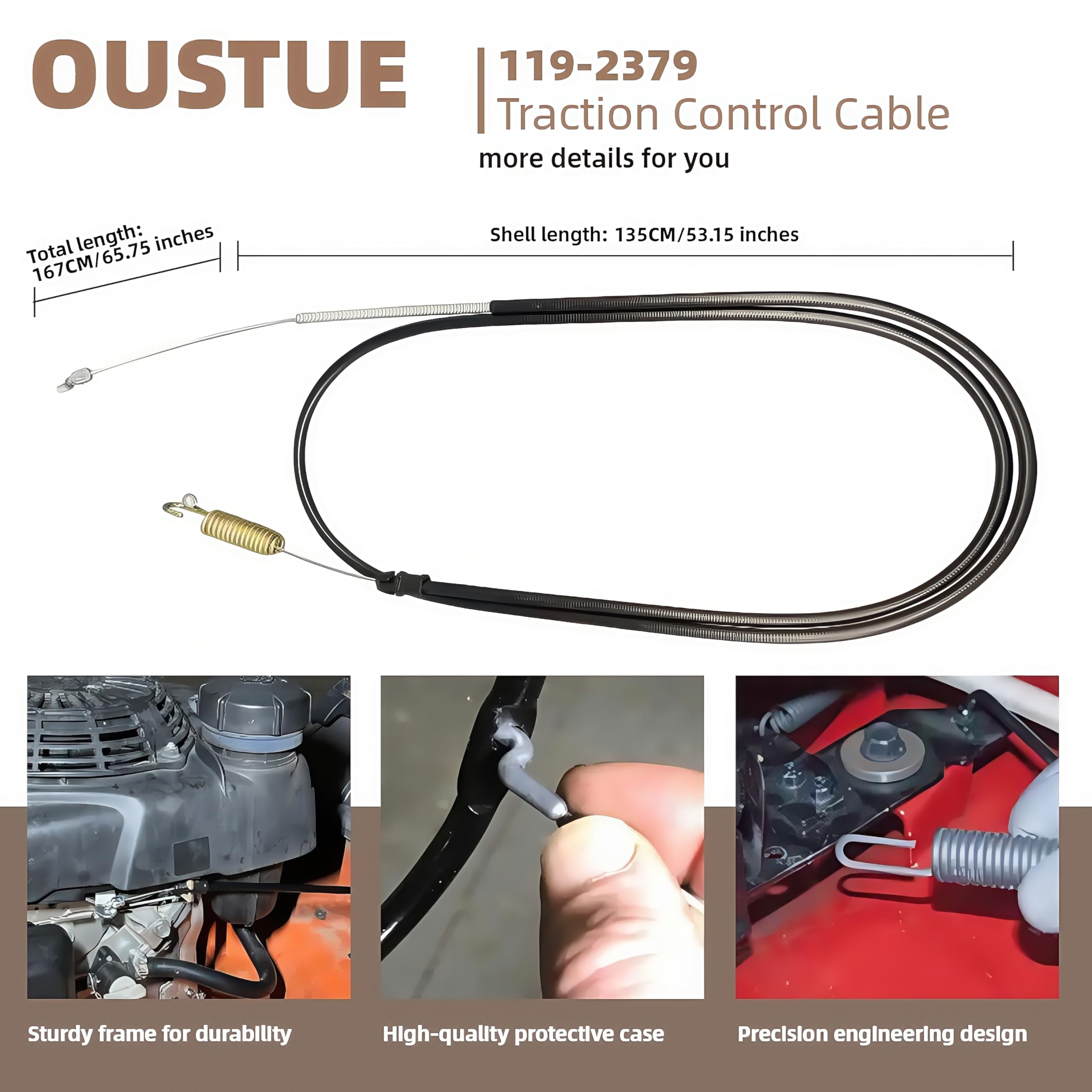 OUSTUE traction cable packaging image highlights new, ready to install Toro compatible part