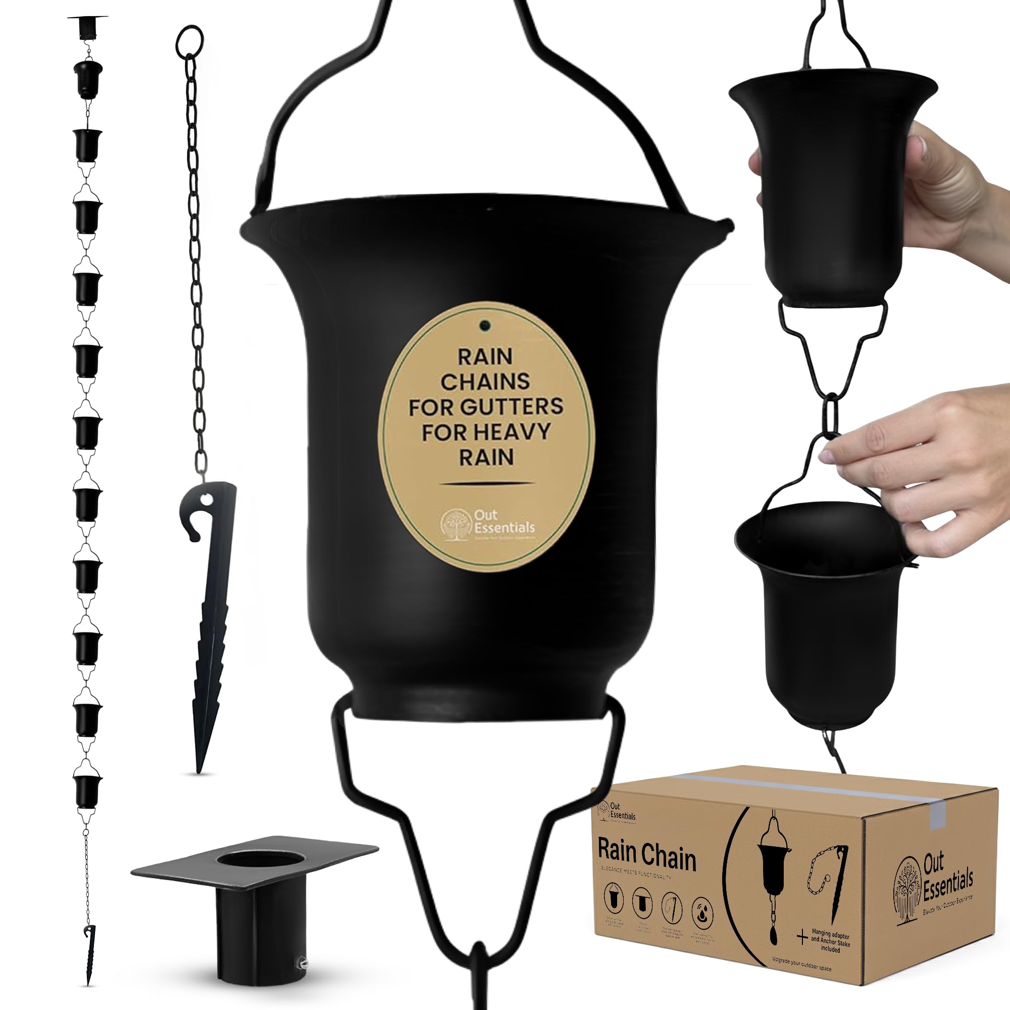 OUT ESSENTIALS black rain chain 9ft main view enhances curb appeal with practical water guidance