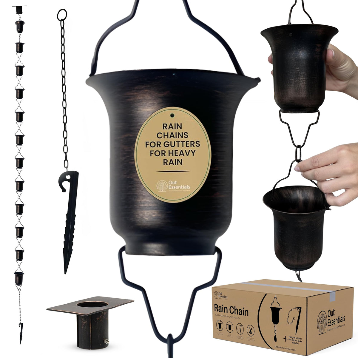 OUT ESSENTIALS copper rain chain 9 ft close-up showing durable outdoor finish.