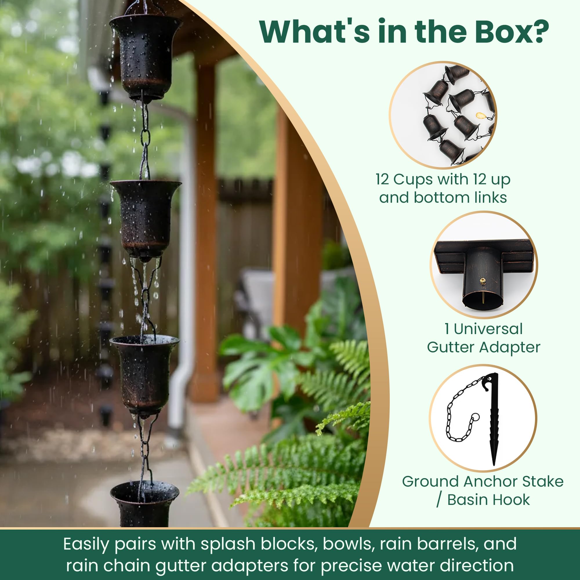 OUT ESSENTIALS cascading water through copper rain chain in action.
