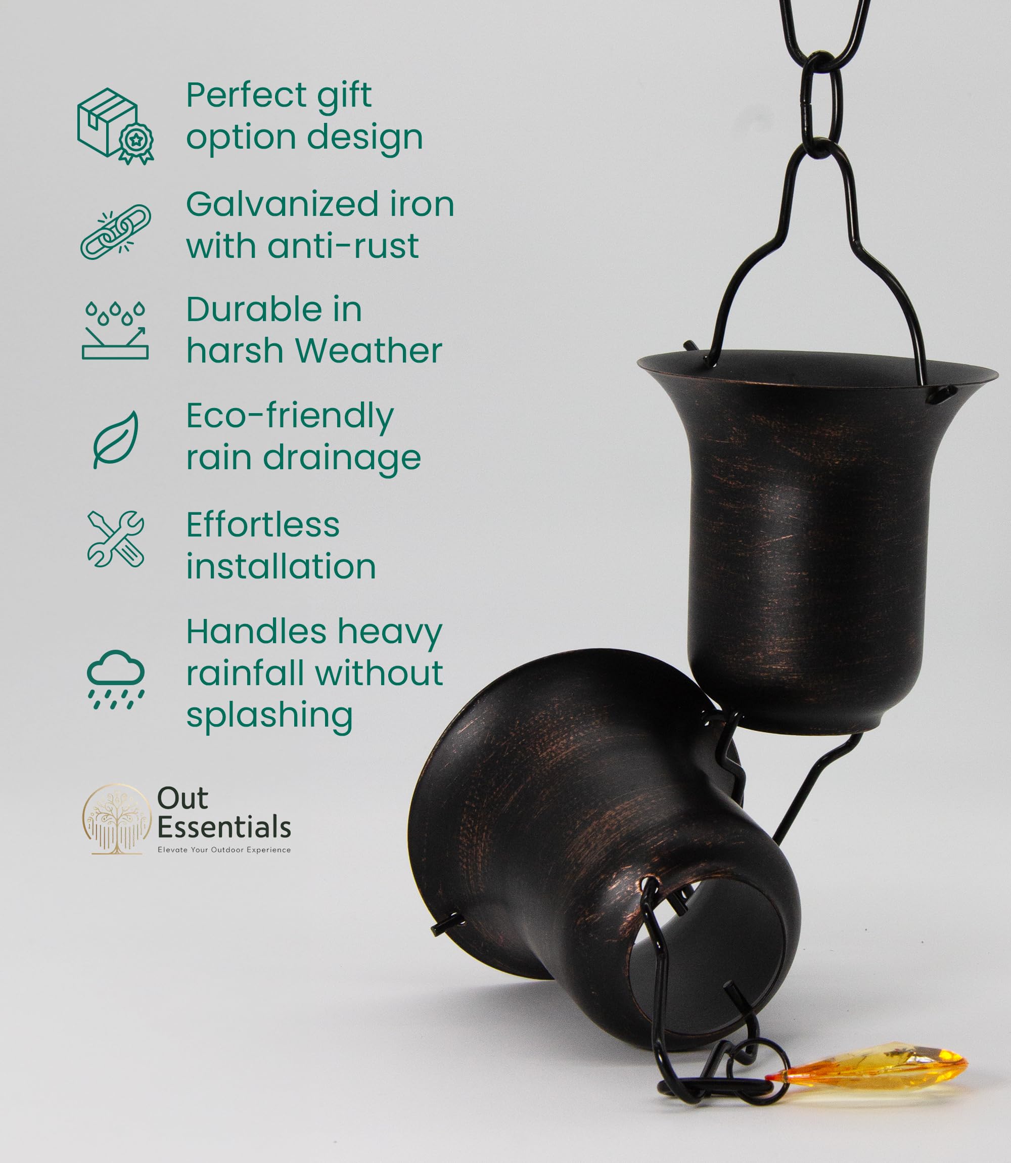 OUT ESSENTIALS rain chain with basins and bowls for water direction.