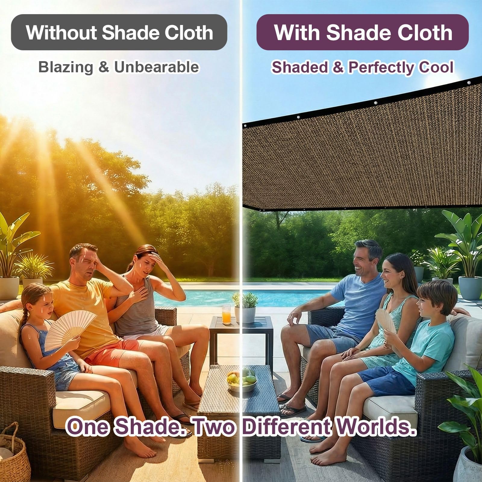 Outaro Mocha shade cloth installed on patio for shade and airflow.