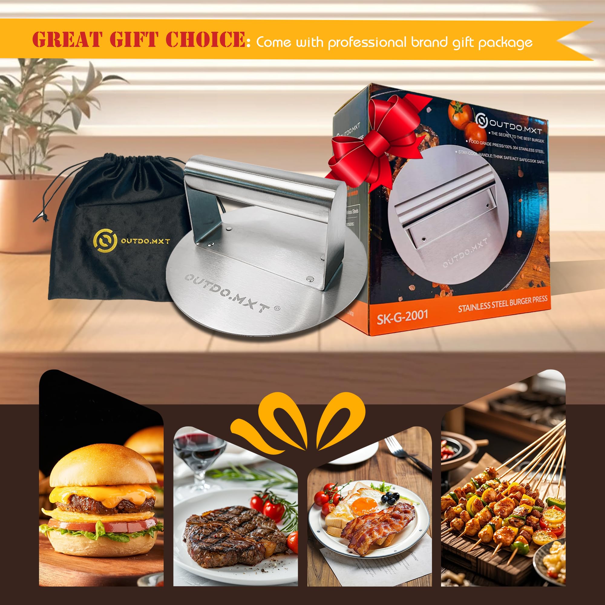 OUTDO.MXT 6.2-inch press seals juices and helps caramelized crust formation.