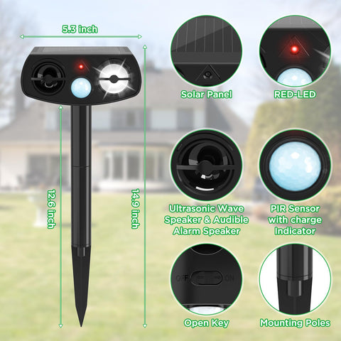 Outdoll solar animal repeller with motion sensor activates deterrence as animals approach