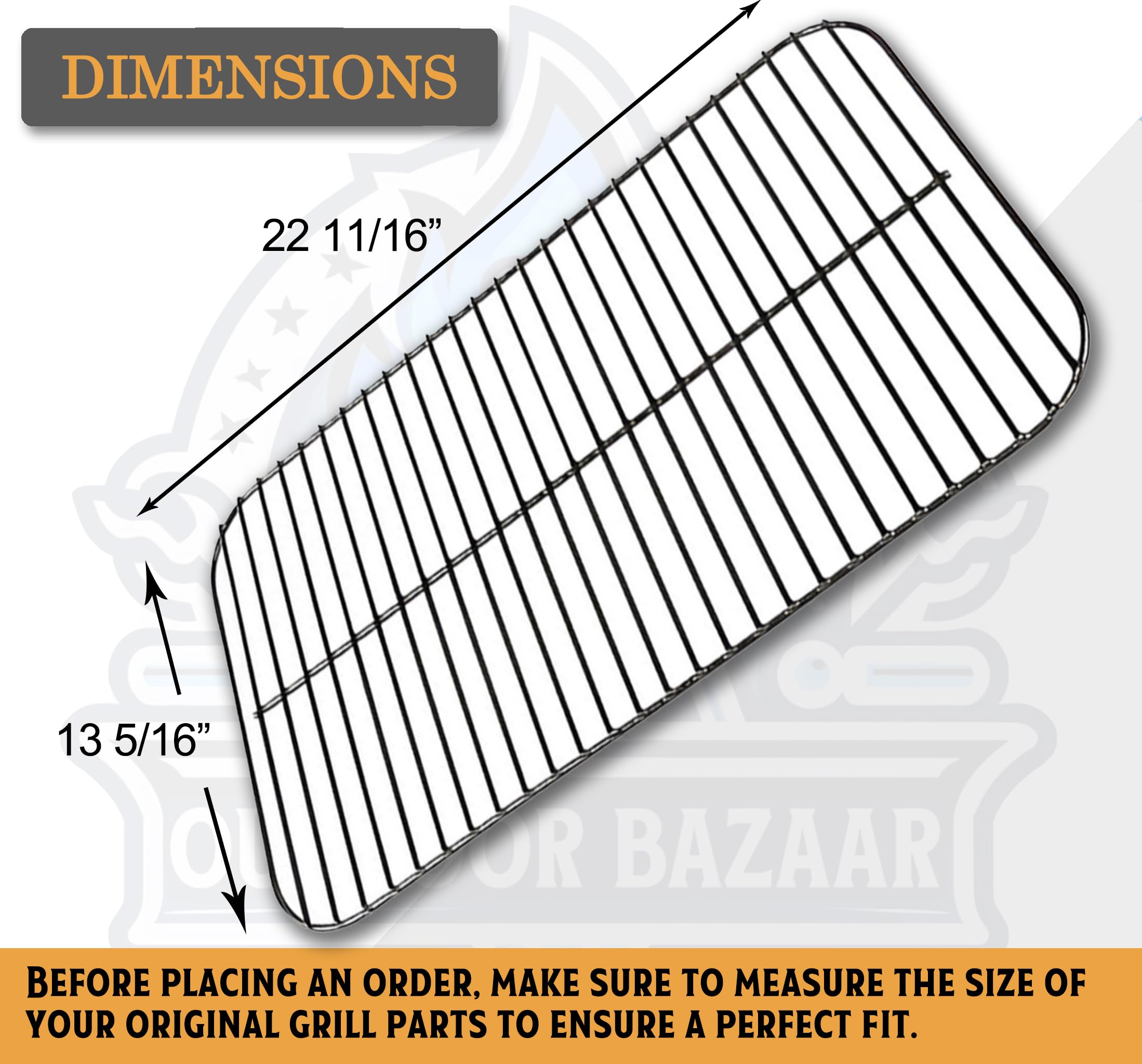 Outdoor Bazaar Expert Grill grid dimensions 22 11/16 by 13 5/16 inches