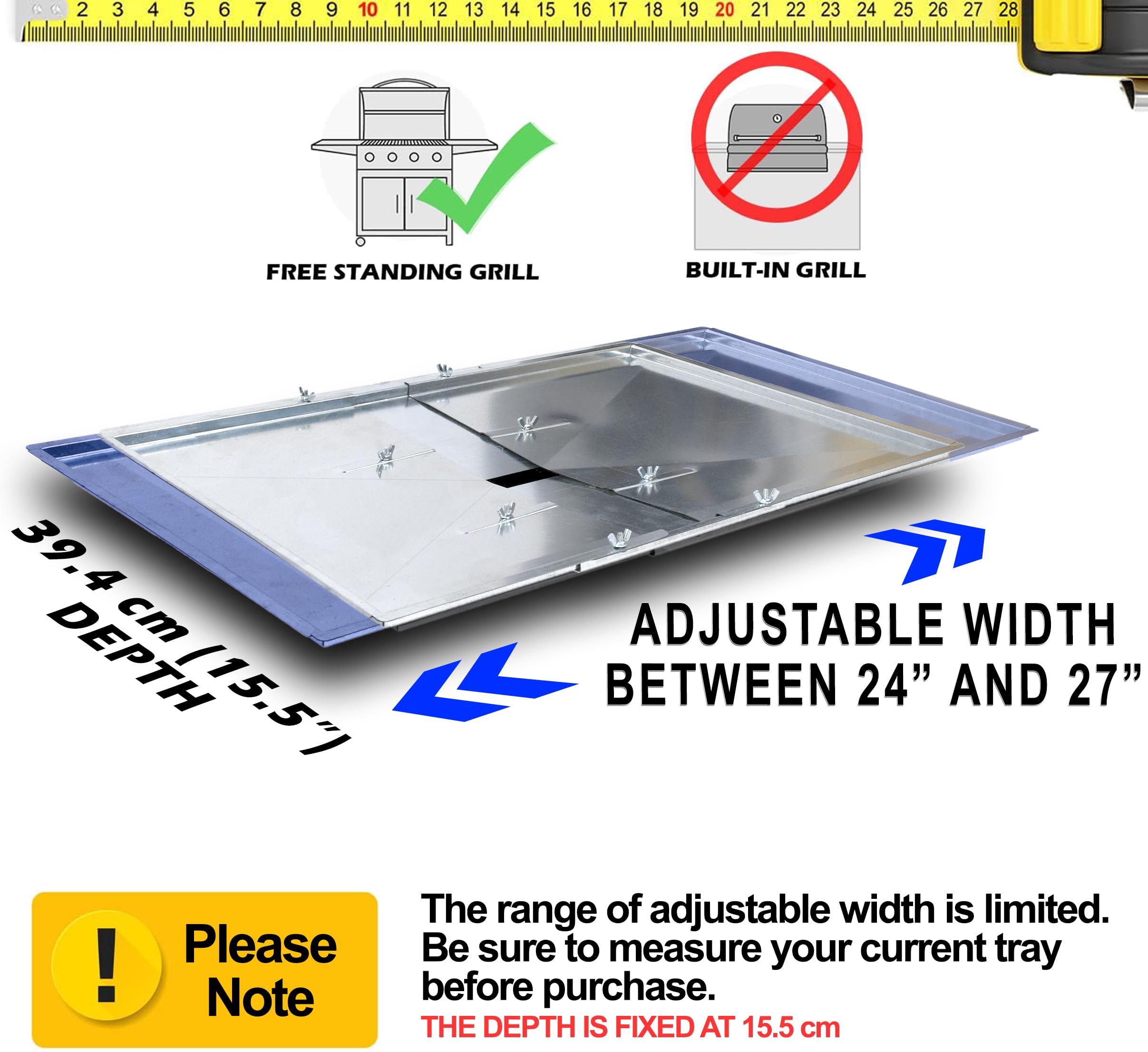 Outdoor Bazaar grease tray adjustable length supports precise 24 to 27 inch sizing