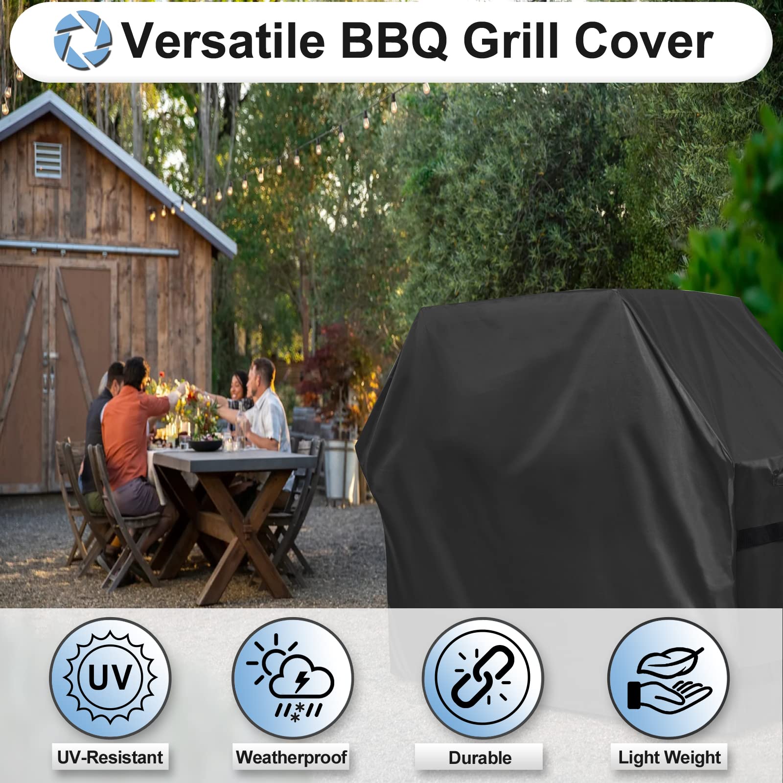 OutdoorLines grill cover with UV-resistant coating shields sunshine damage.