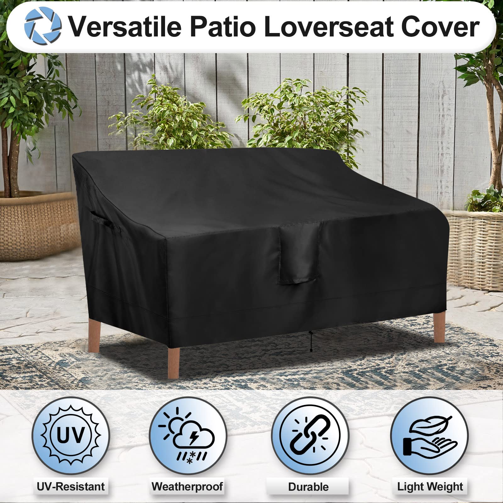 OutdoorLines loveseat cover features drawcord hem for snug adjustment.