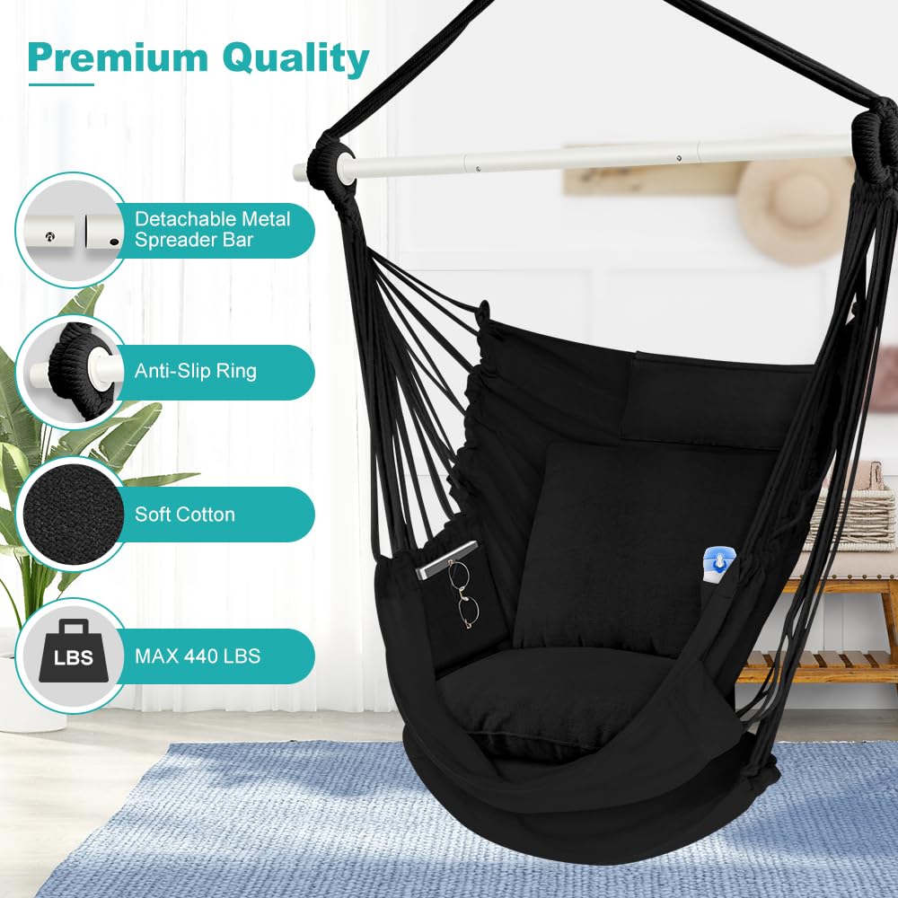 Outerman hammock chair side pockets keep essentials close for easy, hands-free enjoyment.