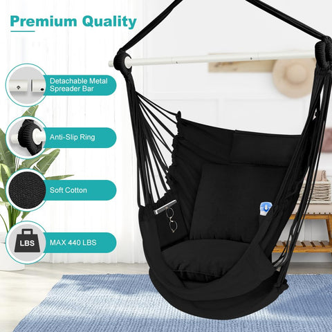 Outerman hammock chair side pockets keep essentials close for easy, hands-free enjoyment.