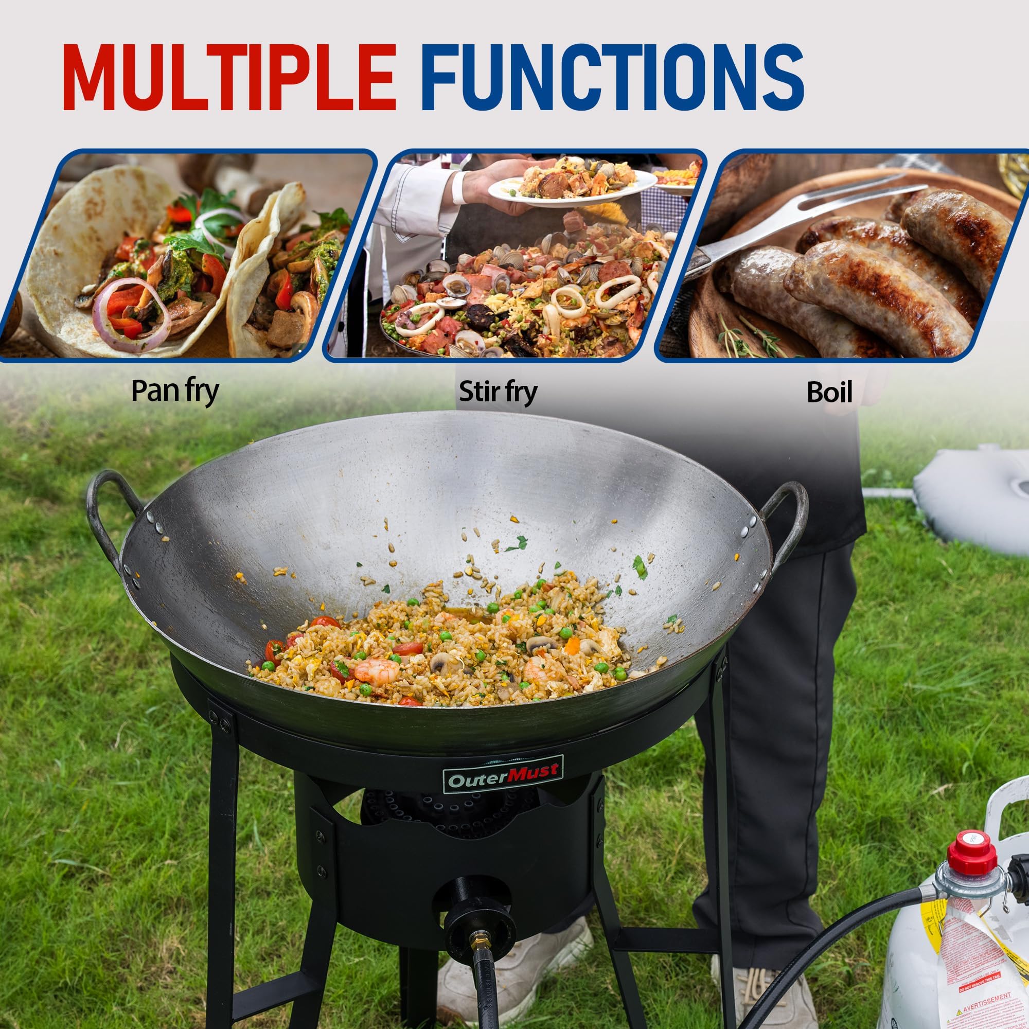 OuterMust iron wok with high thermal conductivity enables quick, even cooking outdoors.