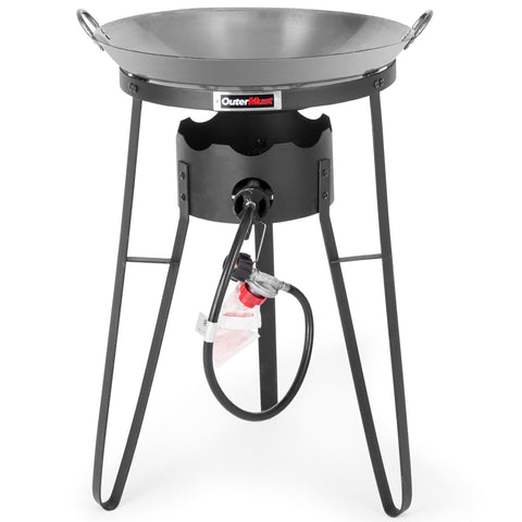 OuterMust outdoor cooker triangle iron wok, compact and portable for backyard cooking.