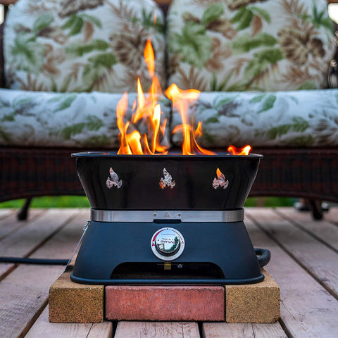 58,000 BTU output heats groups outdoors with steady, inviting glow.