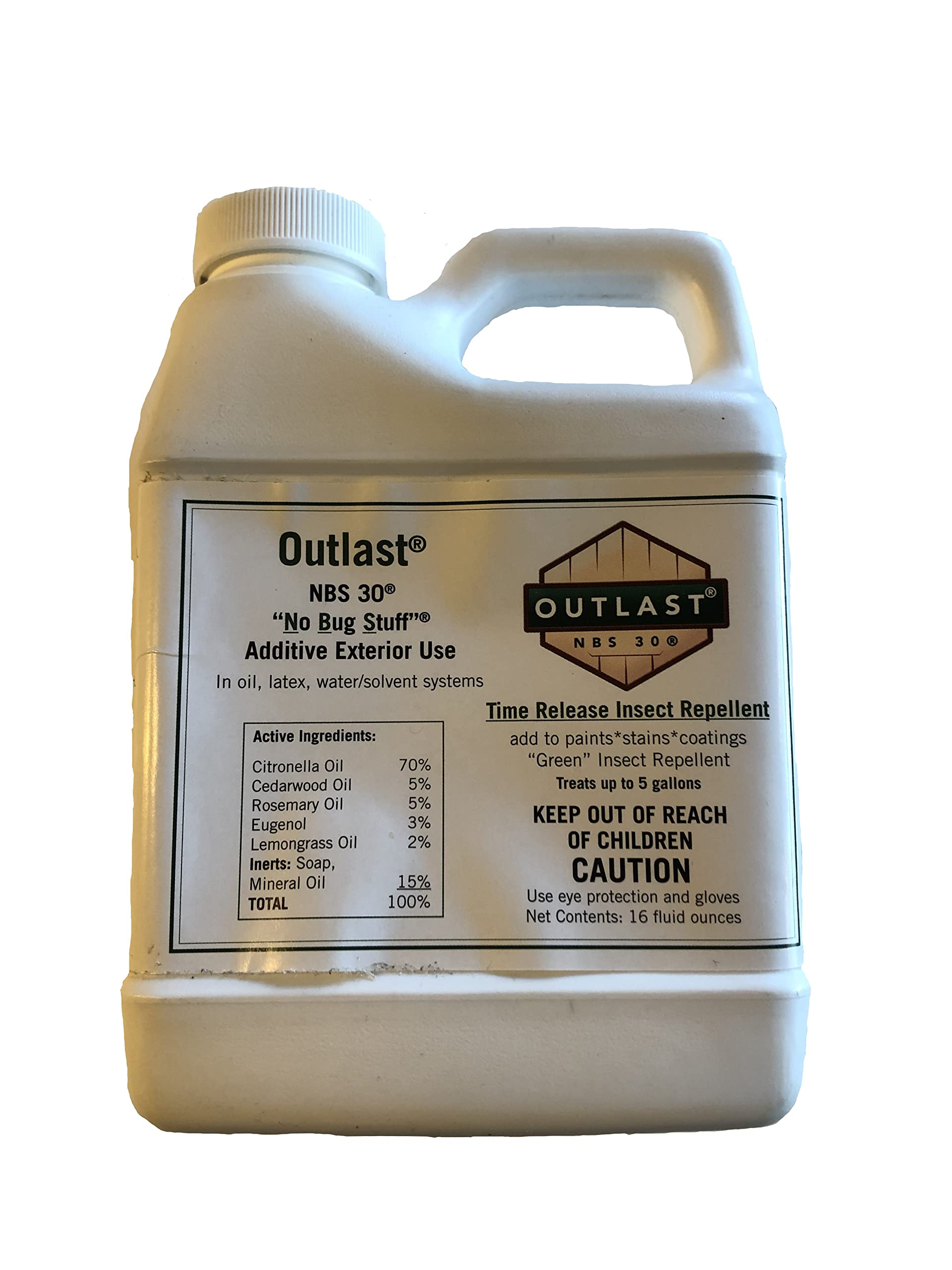 Outlast NBS30 bottle beside paint swatches highlighting time-release concept for exterior use.