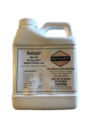Outlast NBS30 bottle beside paint swatches highlighting time-release concept for exterior use.