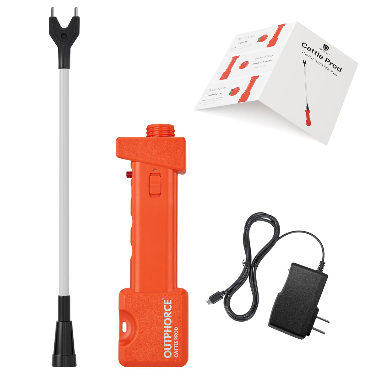 OUTPHORCE cattle prod with 24.8-inch length and dual LED lights for safer handling in low light.