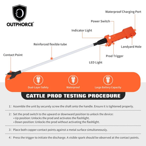 OUTPHORCE cattle prod with dual LED lights for enhanced visibility during night herding.