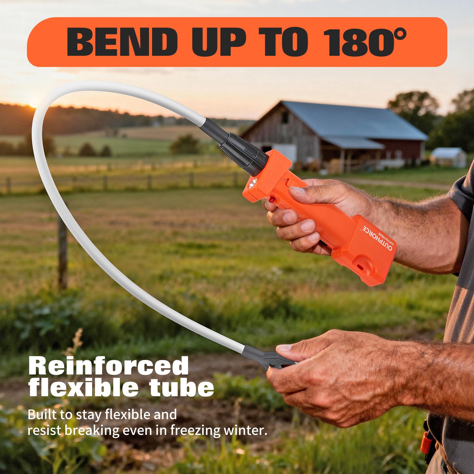 OUTPHORCE cattle prod ergonomic handle and bendable shaft for heavy-duty farm tasks.