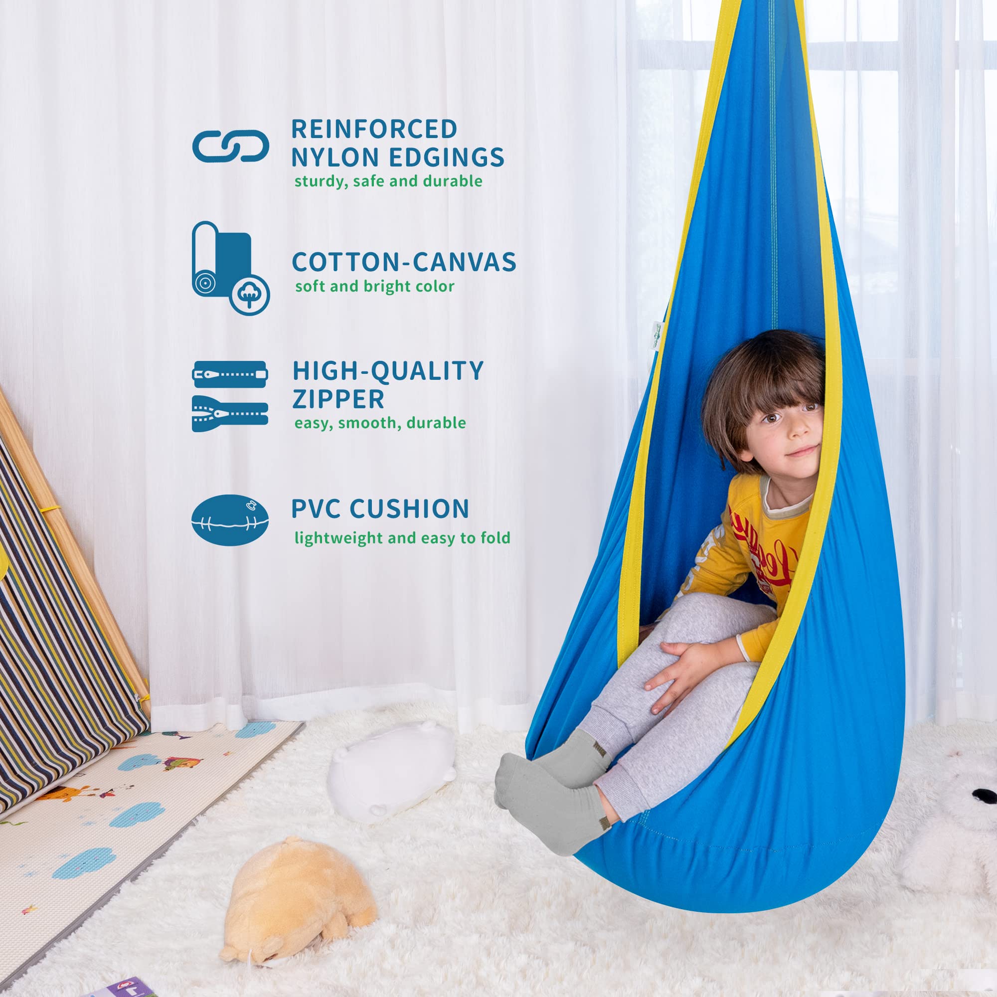 OUTREE Indoor outdoor swing hangs from ceiling or tree for versatile use.