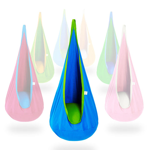 OUTREE Kids Pod Swing Seat blue cotton for cozy indoor reading and calm play.