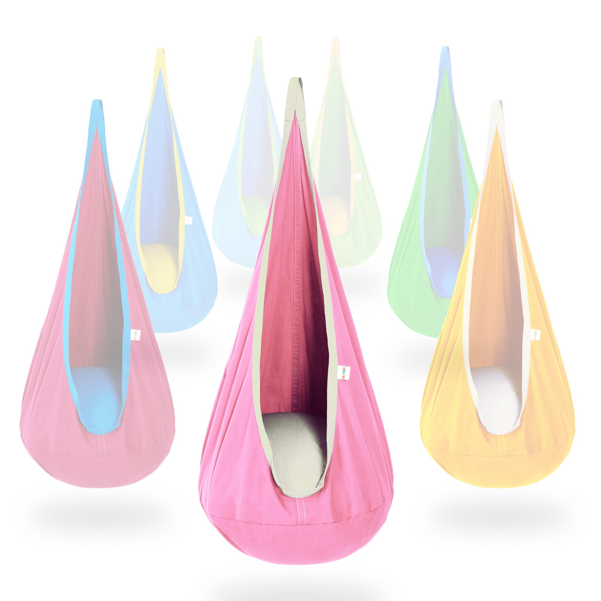 OUTREE Kids Pod Swing Seat close-up in pink cotton fabric for cozy play.